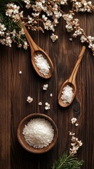 Obraz premium Spa still life featuring sea salt in wooden spoons and bowl with white blossoms on rustic wood table top view
