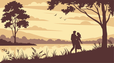 Silhouette of Couple Holding Hands by a Lake–Romantic Scene with Reflections