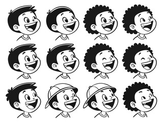Joyful Kids Faces – Black and White Cartoon Illustrations of Happy Children