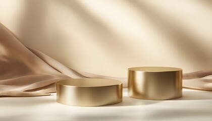 Elegant gold display podiums in a soft beige background.