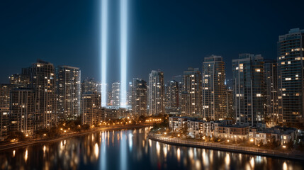 Obraz premium Night Lights over Cityscape: Beams of light pierce the night sky over a modern cityscape, reflected in the calm waters of a canal, creating a stunning, otherworldly spectacle.