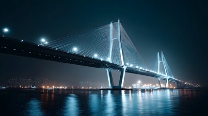Fototapeta premium Dramatic illuminated bridge connecting high tech towers over a nightscape