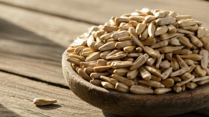 Round pile of light-colored seeds with inset detail photo on wood