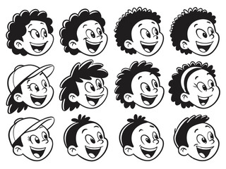 Joyful Kids Faces – Black and White Cartoon Illustrations of Happy Children
