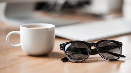 Coffee Cup and Sunglasses on a Wooden Desk for a Relaxed Morning Scene or Product Mockup Ready
