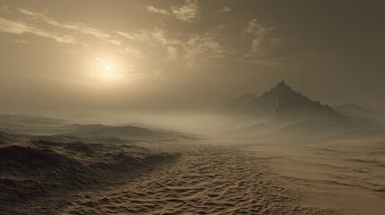 Foggy alien landscape with mountains at sunset creates an eerie and atmospheric scene for a barren desert planet