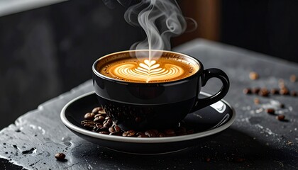 hot coffee late with late art in black cup at photo studio