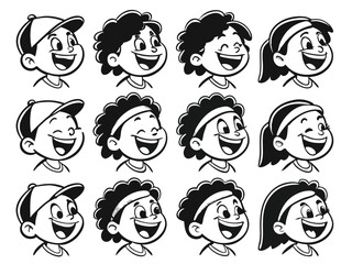 Joyful Kids Faces – Black and White Cartoon Illustrations of Happy Children