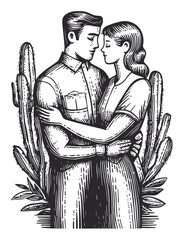 Obraz premium Embracing Couple in a Romantic Desert Scene with Cacti and Flora