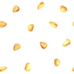 Corn yellow kernels seamless pattern. Grains or corncob seeds golden maize watercolor polka dot design. Hand drawn illustration isolated from background. Crop harvest, canned vegetables food packaging