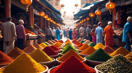 Obraz premium Vibrant display of colorful spice cones in a bustling traditional market street with people in cultural attire and warm lantern lighting, evoking exotic travel and culture