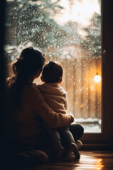 A rainy day in the living room with soft music playing A child is sitting in their mom's lap while she comforts them after a long day The feeling is safe and loving