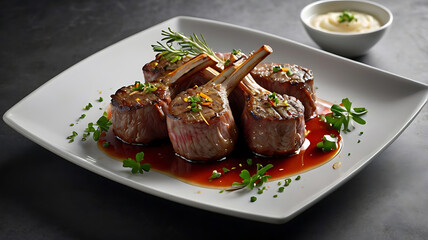 Deliciously cooked lamb chops with rosemary and sauce on a white plate
