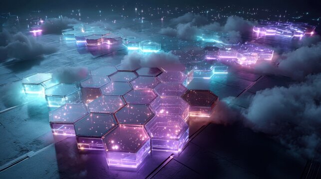 Glowing Hexagonal Pattern in a Cyberpunk Cityscape