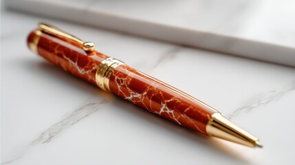 Fototapeta premium Elegant Red Marble Pattern Ballpoint Pen on White Marble Surface Luxury Writing Instrument