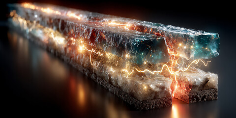 dramatic and scientific 3d rendering illustration depicting a cross-section of an earthquake fault line