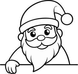 Santa Peeking Behind Wall Outline Drawing.
