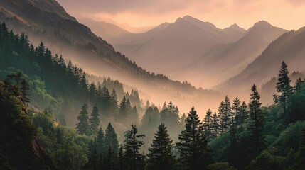 Obraz premium Serene Mountain Landscape at Dawn Misty Forest and Majestic Peaks