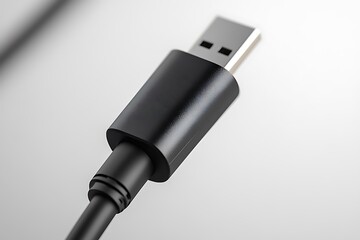Fototapeta premium Shiny black USB connector and its cable are positioned on a plain white backdrop