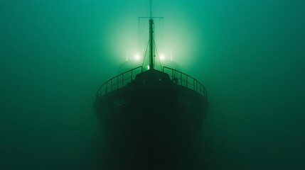 Eerie ship silhouette emerging from the depths in a mysterious emerald fog