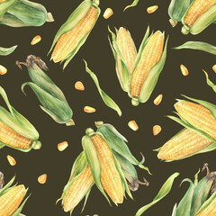 Corn vegetable watercolor seamless pattern. Yellow cut and whole maize cob, kernel of corncobs, husks. Plant fabric design. Hand drawn illustration for food label, packaging. Isolated dark background