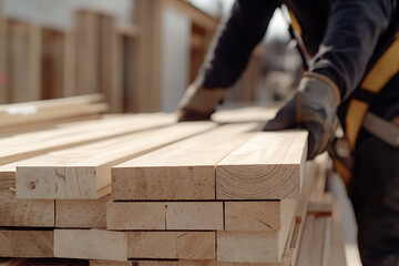 Worker Handling Wooden Planks at Construction Site
