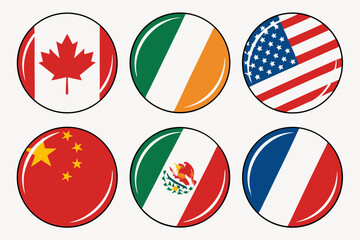World Country Flag Icons Vector Set with USA Canada France Ireland Mexico China Circle Button Designs Generative ai