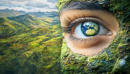 A person's eye gazing at a landscape of lush green hills.