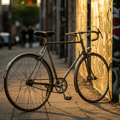 Fototapeta premium Rusty vintage bicycle with a brown seat leaning against a graffiti-covered wall on a city sidewalk at sunset