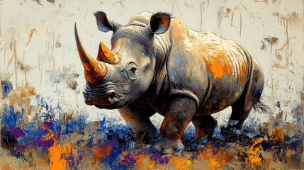 Obraz premium Majestic Rhinoceros Rendered in Expressive Oil Paint Strokes