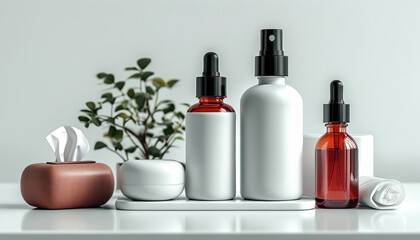 Allergy relief solutions featuring medication bottles, tissues, and plants for health and wellness