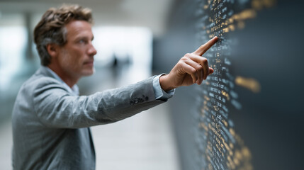 Analyst and Code: A focused analyst, pointing at a complex code display, exudes concentration and engagement. The scene radiates analytical expertise and a futuristic aesthetic.