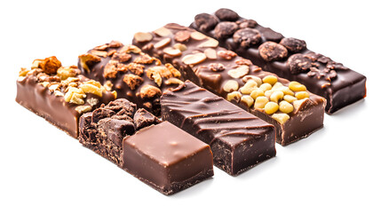 A row of chocolate bars with nuts and other toppings