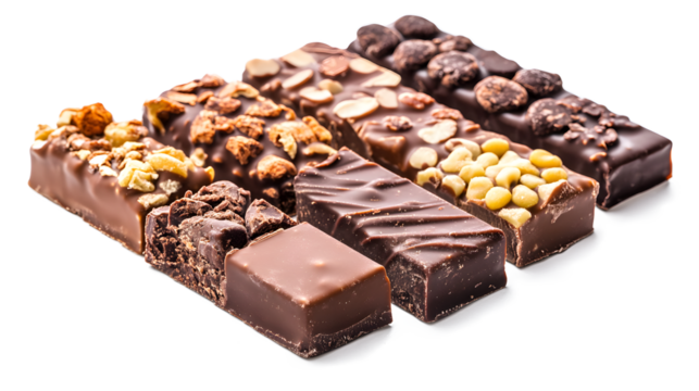 A row of chocolate bars with nuts and other toppings
