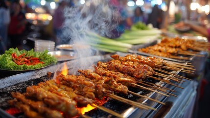 Grilled Chicken Skewers with Smoke and Vegetables at Night Market