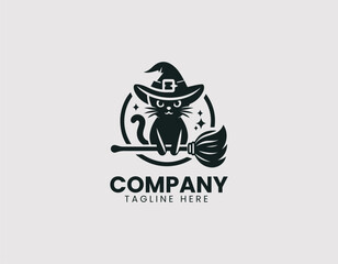 Fototapeta premium Charming Cat Wearing Witch Hat with Broom Illustration Vector Logo Design
