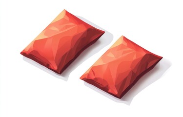 Two red snack pouches, slightly angled,  on white background.  Detailed illustration, showing a wrinkled, almost 3D effect