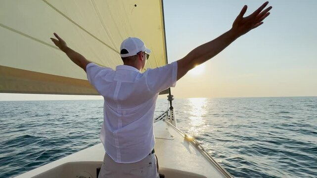 Yacht captain travels on ocean with raised hands. Man sails on yacht under white sail. Man sails on yacht under white sail. Sea voyage. Ship sails on sea, man looks at sun. Sail for dream, adventure