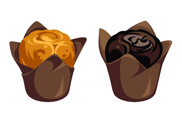 Muffins with vanilla and chocolate isolated on a white background. Cartoon style. Sweets for fast food. Illustration for children.
