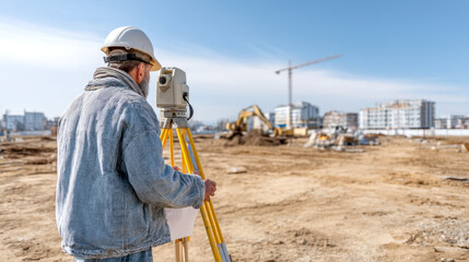 Fototapeta premium GIS Day. Surveyor on construction site utilizing optical leveling instrument for accuracy in urban development