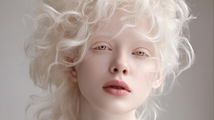 Naklejka premium Ethereal beauty with curly white hair and soft features for fashion editorial