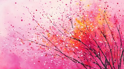 Vibrant, artistic depiction of blossoming pink and orange tree branches.