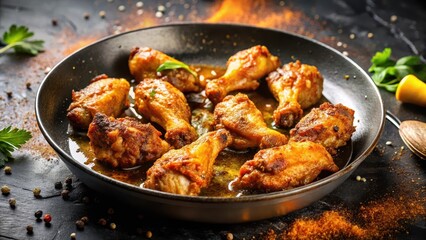 Fototapeta premium Crispy fried chicken wings being cooked in a hot pan with sizzling oil and aromatic spices , pan frying, kitchen ingredients
