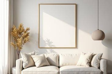 Mock up of a couch and a picture frame, sunny room, beige, minimalistic aesthetic