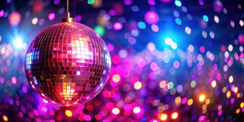 Vibrant pink disco ball hanging from the ceiling surrounded by colorful lights and patterns in a darkened room, with flashes of bright colors , celebration, festive