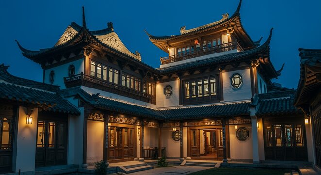 Beautiful traditional Chinese architecture illuminated at dusk with intricate details, showcasing elegant design and cultural heritage in a serene setting.