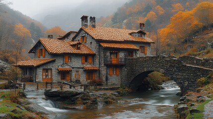 Stone House on Bridge Over Autumnal River in Mountain Valley