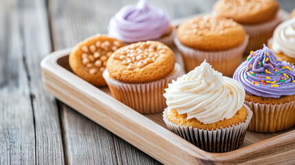 Delicious cupcakes displayed on wooden tray, featuring various frosting colors and toppings, perfect for any celebration