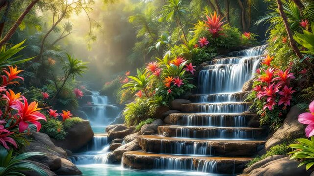 Multi-level waterfall flowing between lush green plants and red flowers in soft daylight. Concept of tropical freshness and vibrant paradise