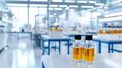 Modern laboratory showcasing two glass bottles filled with amber liquid, surrounded by various other containers, creating vibrant and professional